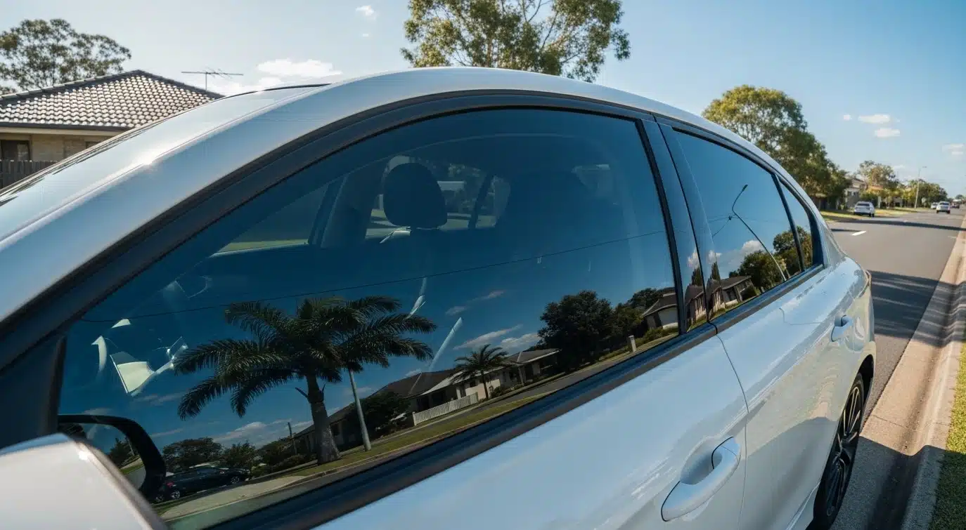 Tinted car window on a sunny day